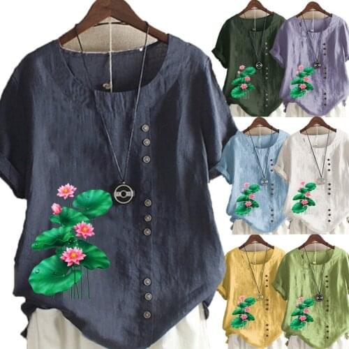 Ladies Summer Round Neck Short Sleeve Linen Shirt Casual Graphic T-shirt Fashion Loose Flower Printed Shirt Top Plus Size
