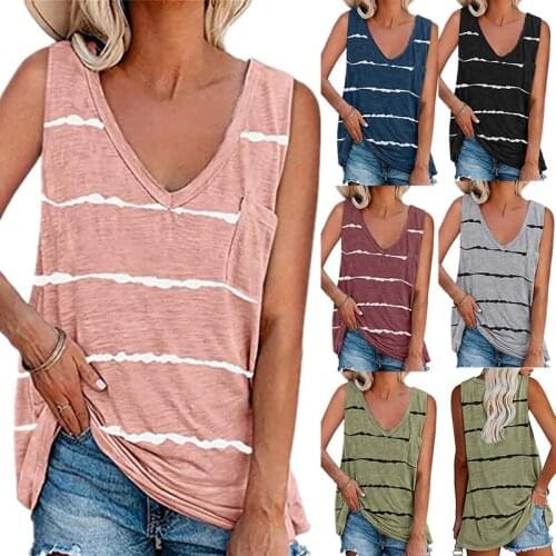 Womens Fashion Casual Striped Printed Tank Top T-Shirt Top