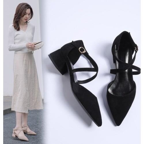 YQBTDL 2020 Summer Cross Strap Mary Jane Shoes Chunky Heels Suede Pointed Toe Daily Dress Party Womens Shoes Heels Pumps Black