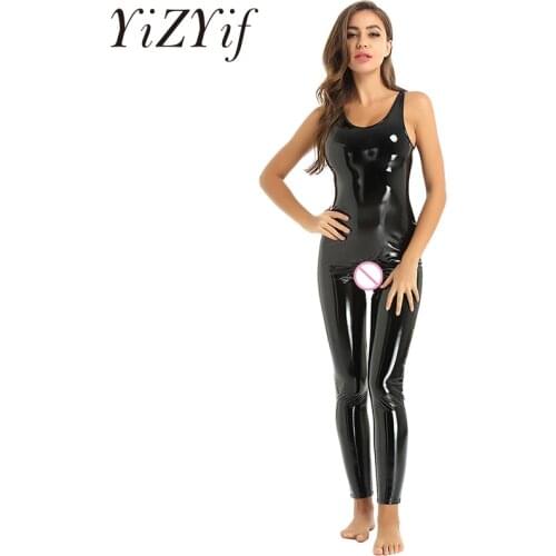 Clubwear Womens Open Crotch Bodysuit Latex Catsuit One-piece Wet Look Patent Leather Sleeveless Crotchless Leotard Romper Jumpsu