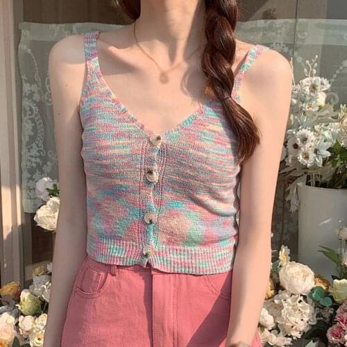 New Summer Sexy V Collar Line Wavy Button Knitted Vest Tilt Kit Rainbow Color Sleeveless Sling Sweater Slim Top Shirt PIJU1