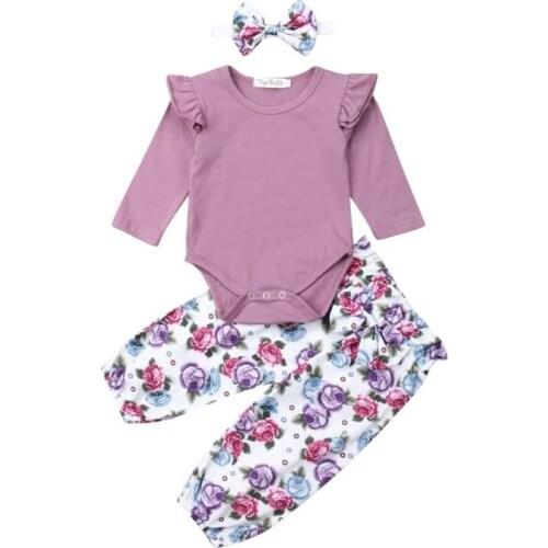 Newborn Baby Girl Clothes Sets Purple Cotton Romper Tops + Floral Pants 3PCS Outfits Set Clothes