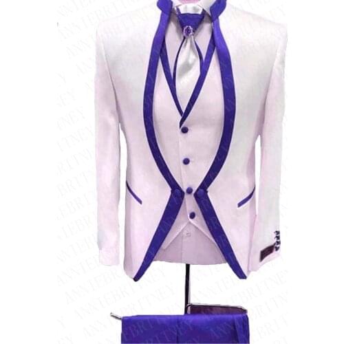 2020 White Floral Blue Rim Stage Clothing For Men Suit 3 Pieces Mens Wedding Suits Costume Groom Tuxedo Formal