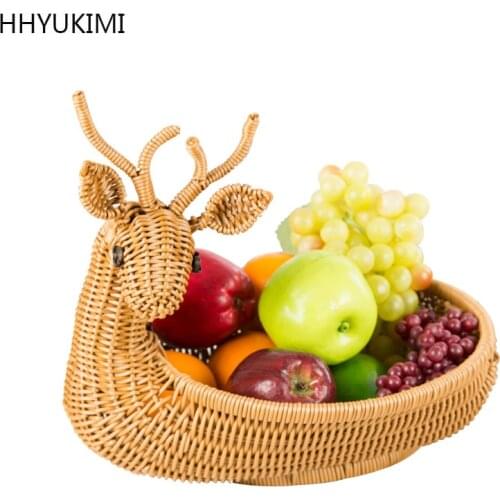 Household Handmade Storage Basket,Brown Deer Shape Straw Braid Rattan Basket Fruits Storages Organizer