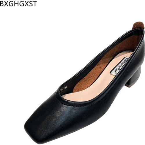 Black Shoes for Women Low Heels Office Shoes Women Square Toe Heels Leather Shoes Woman Block Heels Chaussure Femme Zapatillas