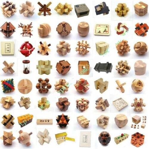 64PCS/LOT Wood Puzzle Toys Classic IQ 3D Wooden Interlocking Burr Puzzles Mind Brain Teaser Game Toy for Adults Children