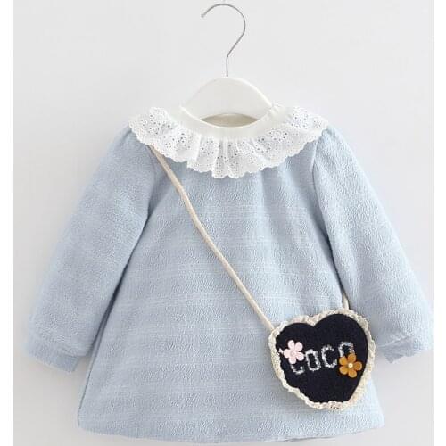 Baby Dress Girls A-line Lantern Sleeve Lace Dress Baby Autumn Winter Velvet Dresses With Bag Blue 0-2Y
