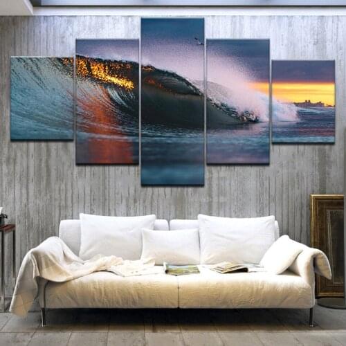 Canvas Wall Art Pictures Modern Framework Living Room 5 Pieces Sunset Landscape Sea Wave Decoration HD Printed Poster Painting