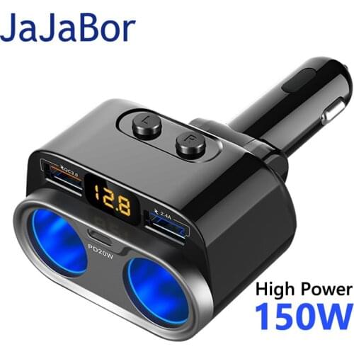 JaJaBor Car Cigarette Lighter Socket Car Charger Two Port Power Adapter + Dual 2.4A USB Ports + Type-C Phone Charge LED Display