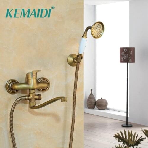 KEMAIDI Antique Brass Wall Mounted Bathroom Bathtub Mixer Tap Faucet Dual Handles Hand Rain Shower Head Faucet Shower Set