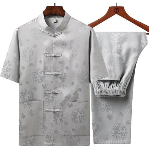 Tang suit mens short-sleeved shirt + pants Chinese style casual loose mens fashion silky Tai Chi suit large size robe chinoise