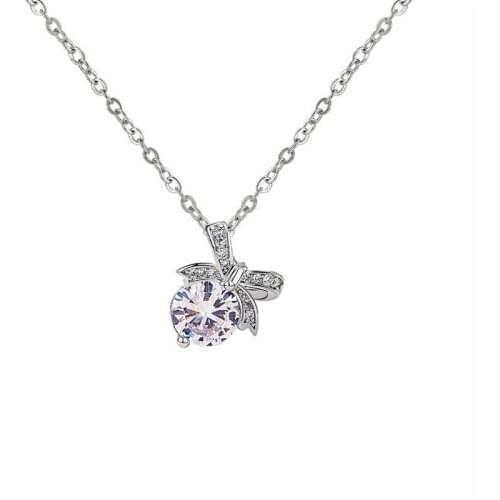 Trendy 925 Sterling Silver Necklace Girl Jewelry Shiny Crystal Bow Pendant Necklace For Women Clavicle Accessories Female Bijou