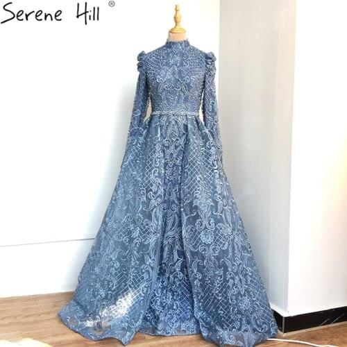 Muslim Blue High Collar Crystal Long Sleeves Evening Dresses 2020 Luxury High-end Formal Gowns Plus Size BLA70419