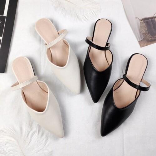 Slingback summer mules woman pointed toe ankle strap flat slippers female cutout leather slides lazy outdoor footwear big size42