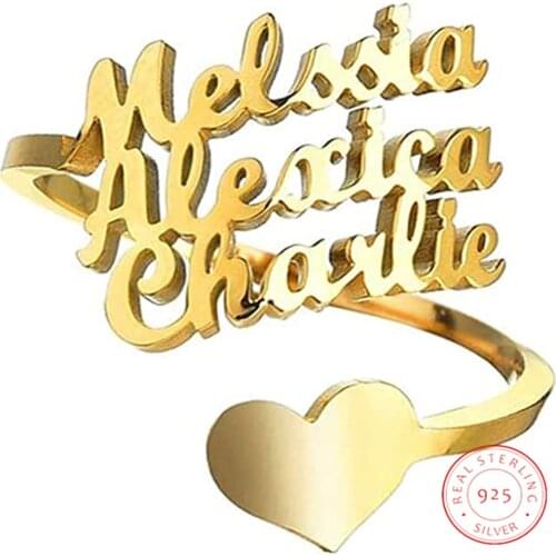 Noelia Sterling Silver Personalized Name Ring Carved Three Name Rings Heart Shaped Custom Ring Fashion Gift for Family Lovers