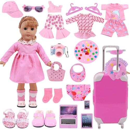 Doll Clothes Pink Round Neck Skirt,Bunny Dress,Shoes,Accessories For 18Inch American &43Cm Born Baby Birthday Gift Toy For Girls