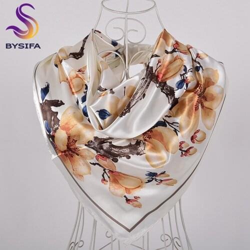BYSIFA White Silk Scarf Hijab Women Fashion Brand Peach Blossom Square Scarves Shawls Spring Fall Muslim Ladies Head Neck Scarf