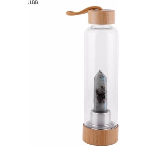 Drop Shipping Natural Crystal Water Bottle Point Healing Obelisk Wand Elixir Quartz Crystal Glass Water Bottle Wooden Cup Cover