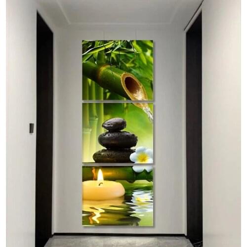 Modern 3 Panel Paintings Poster Bamboo Green on Canvas printings SPA Zen Stone Flower plants Prints Pictures Wall Art home Decor