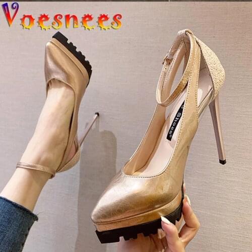 Voesnees Womens Pumps Shoes For Women 2021 Spring Autumn Patent Leather Ankle Strap High Heels Stiletto Pointed Shallow Mouth
