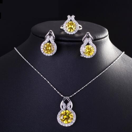 Yellow Crystal Pendant+Necklace+Earrings+Rings Womens Wedding Engagement Jewelry Sets