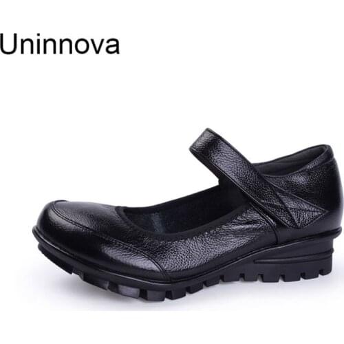 Women mary jane shallow genuine leather casual vintage retro wedge shoes comfortable med heels rubber outsole uninnova wp112