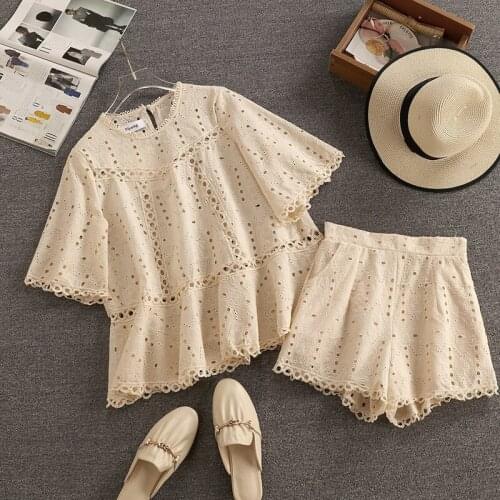 Women Shorts Sets French Vintage Summer 2021 New Hollow Out Lace Blouses + Shorts Suits Fashion Elegant Female 2 Pieces Sets