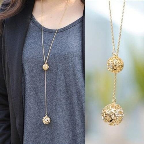 1pc Fashion Classic Crystal Hollow Out Two Ball Rhinestone a Long Section of High Texture Flash Spher Necklace