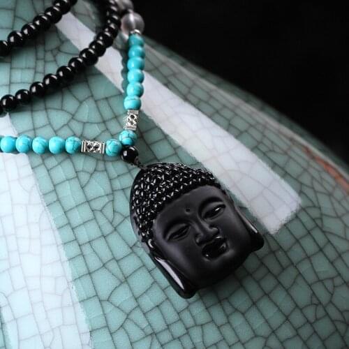 1PCS new Natural obsidian crystal Buddha Sakyamuni necklace Lucky safeness necklace talismans Long Necklace