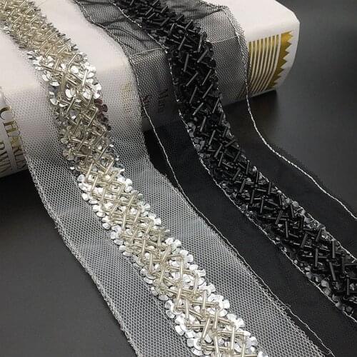 2yards 6.5cm width Beaded Lace Trim White Black Mesh Sequins Lace Beaded Trim Braid Lace Applique