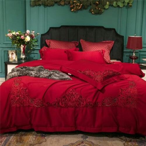 4/6Piece Red Egyptian Cotton Lace Luxury Wedding Bedding Set King Queen Size Bed Cover Set Bedsheets Set Cover Pillowcases Duvet