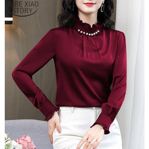 Office Lady Women Blosue Stand Collar Women Shirts Satin Shirt Long Sleeve Plus Size Women Tops Silk Blouses with Beading 13044
