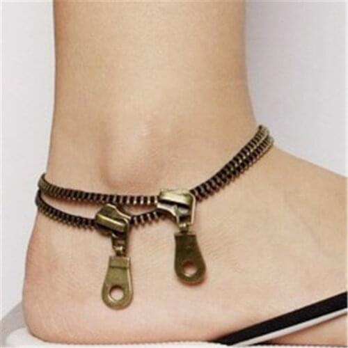 Fashion Women Ancient bronze Zipper Anklet Double Chain Bracelet Ankle Foot Jewelry Barefoot Retro Boho Jewelry Bracelet for Leg