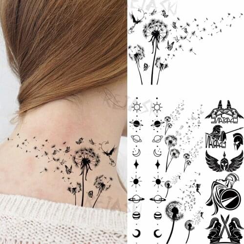Black Dandelion Fashion Neck Temporary Tattoos For Women Adult Spartan Universe Planet Fake Tattoo Arm Waterproof Tatoos Sticker