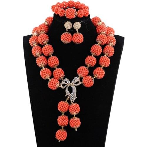 Elegant Women Bridal Coral Necklace Jewelry Set Nigerian Wedding Coral Bead Balls Costume Jewelry Set Christmas Gift CNR124