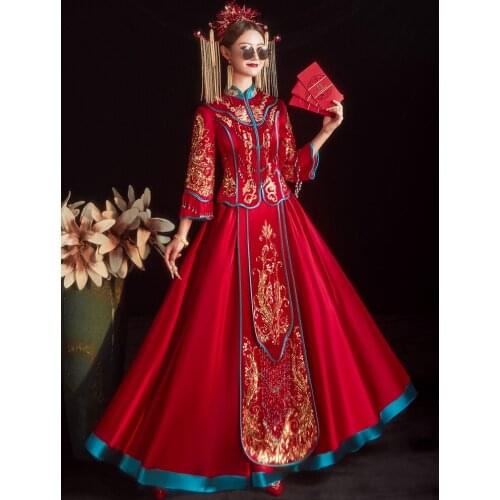 Classic Chinese Style Wedding Dress Silk Retro Cheongsam High End Embroidered Marriage Suit Oriental Bride Clothing Red Qipao