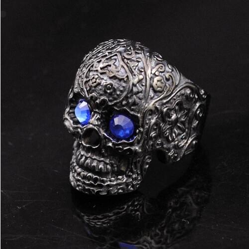 Dolaime Punk Rock Blue Eyes Skull Flowers Tattooed Ring Mens Gift Stainless Steel Retro Black Skull Jewelry,GR406