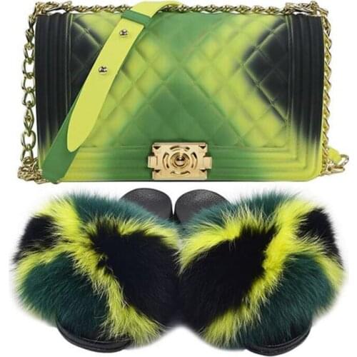 Fur Slides and Purse Set Women Fur Slippers Jelly Bag Summer Exquisite Fluffy Fur Slides with Handbags Plush Sandals Party Shoes