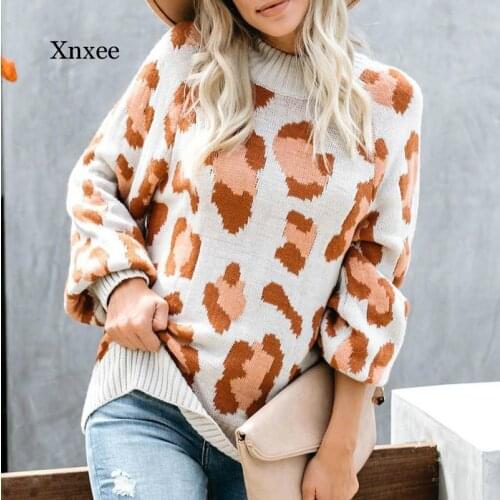 Fashion Leopard Print Contrast Color Lantern Sleeve Pullover Womens Sweater Autumn and Winter O-Neck Knitted Ladies Street Top