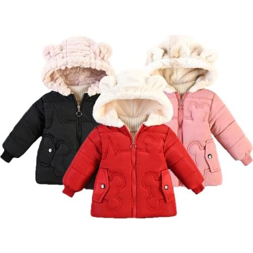 2021 New Plush Hooded Girl Coats Solid Color Plus Velvet Thick Cartoon Pattern Jacket For 1-4 Years Old Childrens Clothing