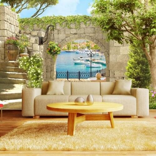 Custom Hot 3D Photo Wallpaper Wall Art European Seaside Arch Wall Sticker Vinyl Waterproof Wallpaper Home Decor