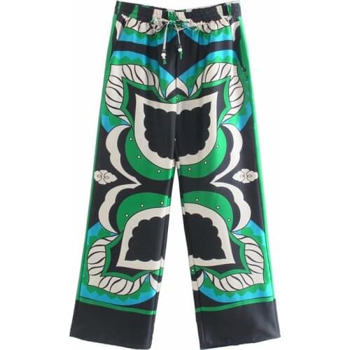 PUWD Casual Women High Waist Bow Lace Pants 2021 Summer Fashion Ladies Chinese Style Pants Female Printed Straight Trousers