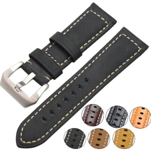Handmade Retro Watchbands 22mm 24mm Men Genuine Leather Classical Soft Watch Band Strap Silver Buckle Relojes Hombre