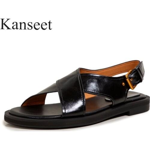 Kanseet New 2021 Summer Casual Womens Sandals Round Toe Buckle Comfort Low Heels Shoes Concise Handmade Lady Daily Female Shoes