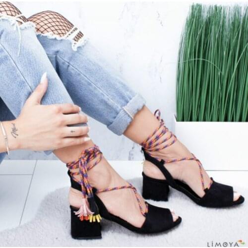 Summer new Women Sandals Ankle Strap Flock Party Lace-Up Cross strap Solid Fashion Cover Heel Square heel Med (3cm-5cm) Open