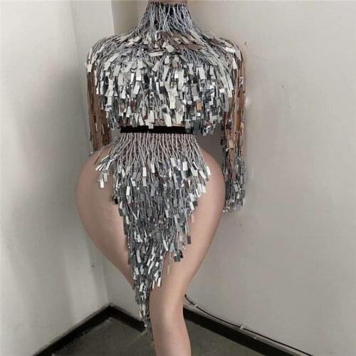 H27 Ballroom pole dance stage costumes silver sequins tassel bodysuit sexy women perform bar wear split jumpsuit dj siamese club