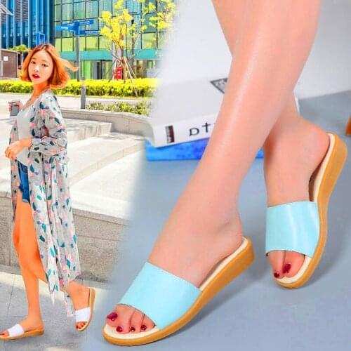 Womens Wedges Slippers Slip-On Shoes Woman Flat Peep Toe Breathable Soft Platform Leather Sandals Flip Flop Casual Outdoor