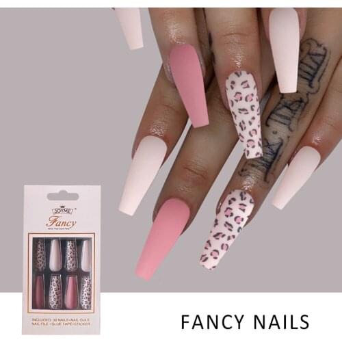 30Pcs Leopard Super Long Fake Nails Almonds Coffin Ballerina Matte Full Cover French False Nails Press on Nail Art Tip