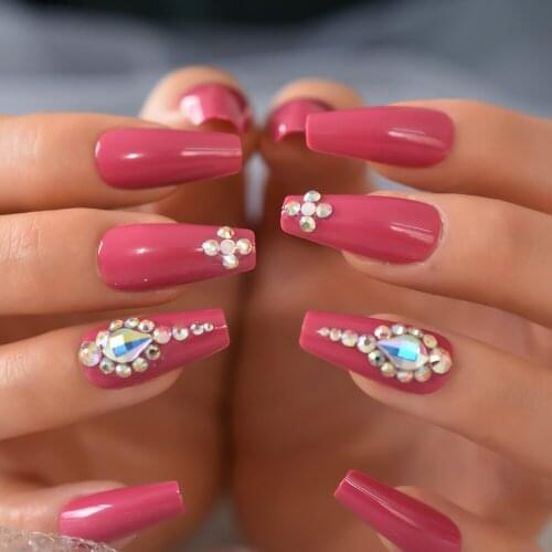 Deep Pink Fake Nails Customize Full Cover Pressed On Nails Long Coffin Shape False Nail Tip with Strass