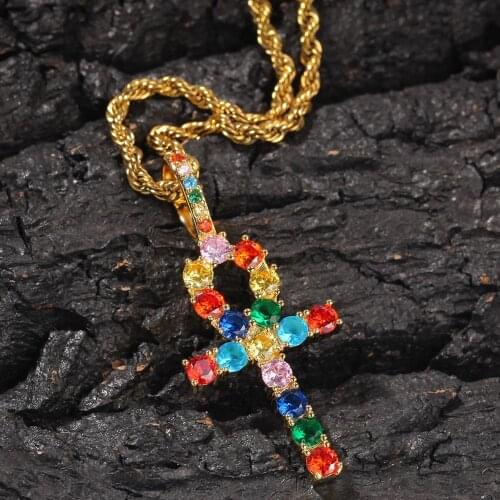 Hip Hop Ankh Cross Pendant Necklace Multi AAA Zircon Vintage Hiphop Iced Out Cross Necklace Fashion Jewelry Gift for Men Women
